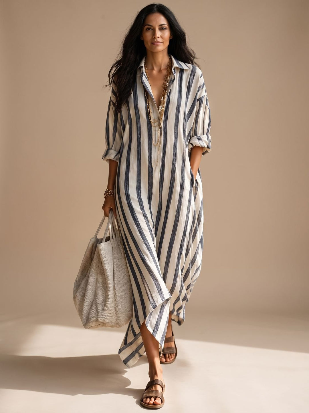 Women's Mediterranean Striped Maxi Shirt Dress Relaxed Fit - Navy Striped