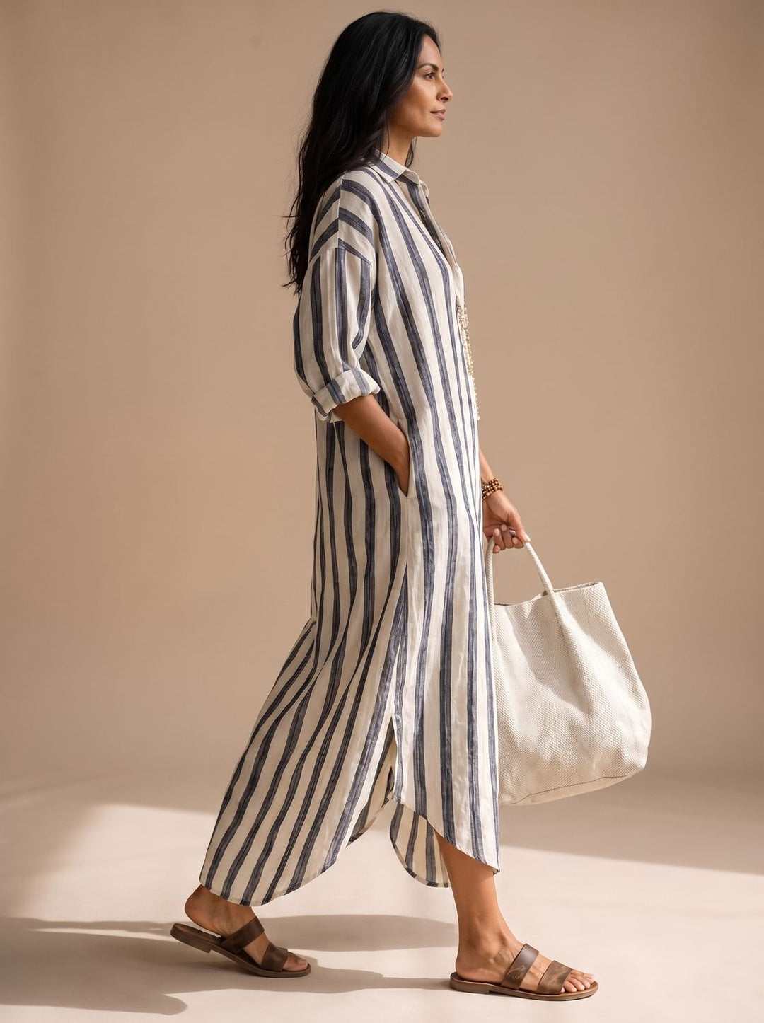 Women's Mediterranean Striped Maxi Shirt Dress Relaxed Fit