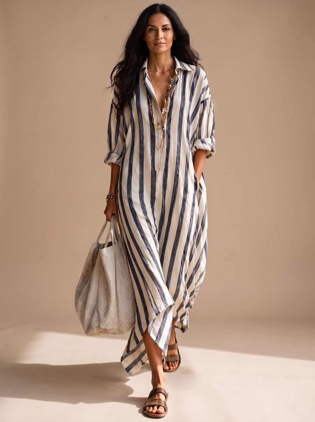 Women's Mediterranean Striped Maxi Shirt Dress Relaxed Fit