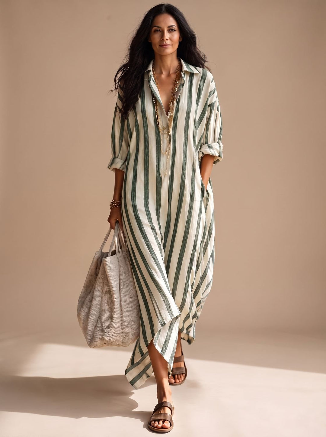 Women's Mediterranean Striped Maxi Shirt Dress Relaxed Fit - Olive Striped