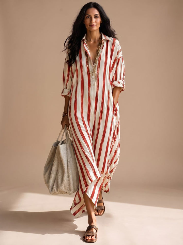 Women's Mediterranean Striped Maxi Shirt Dress Relaxed Fit - Red Striped