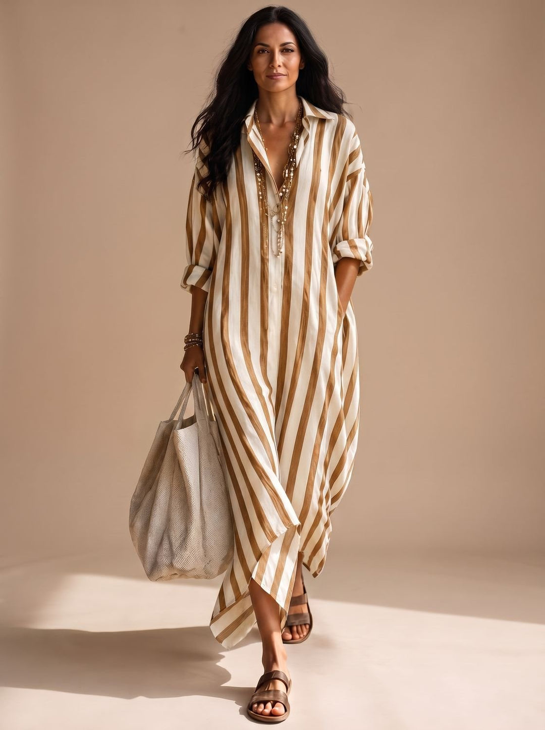 Women's Mediterranean Striped Maxi Shirt Dress Relaxed Fit - Brown Striped