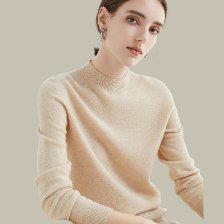 Women's Merino Mock-Neck Long-Sleeve Wool Sweaters - Beige