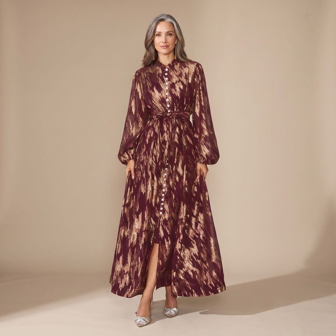 Women's Metallic Puff-Sleeve Button-Front Maxi Dress