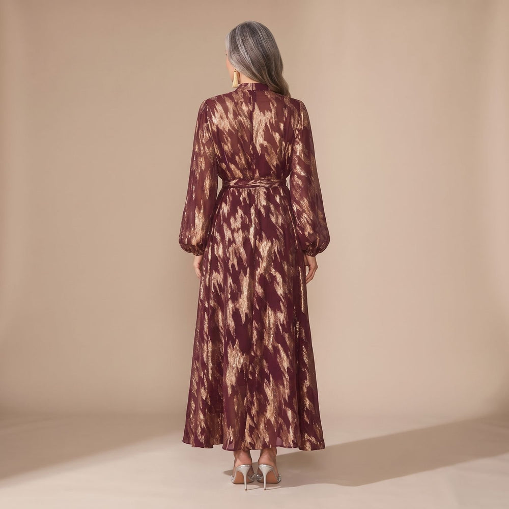 Women's Metallic Puff-Sleeve Button-Front Maxi Dress