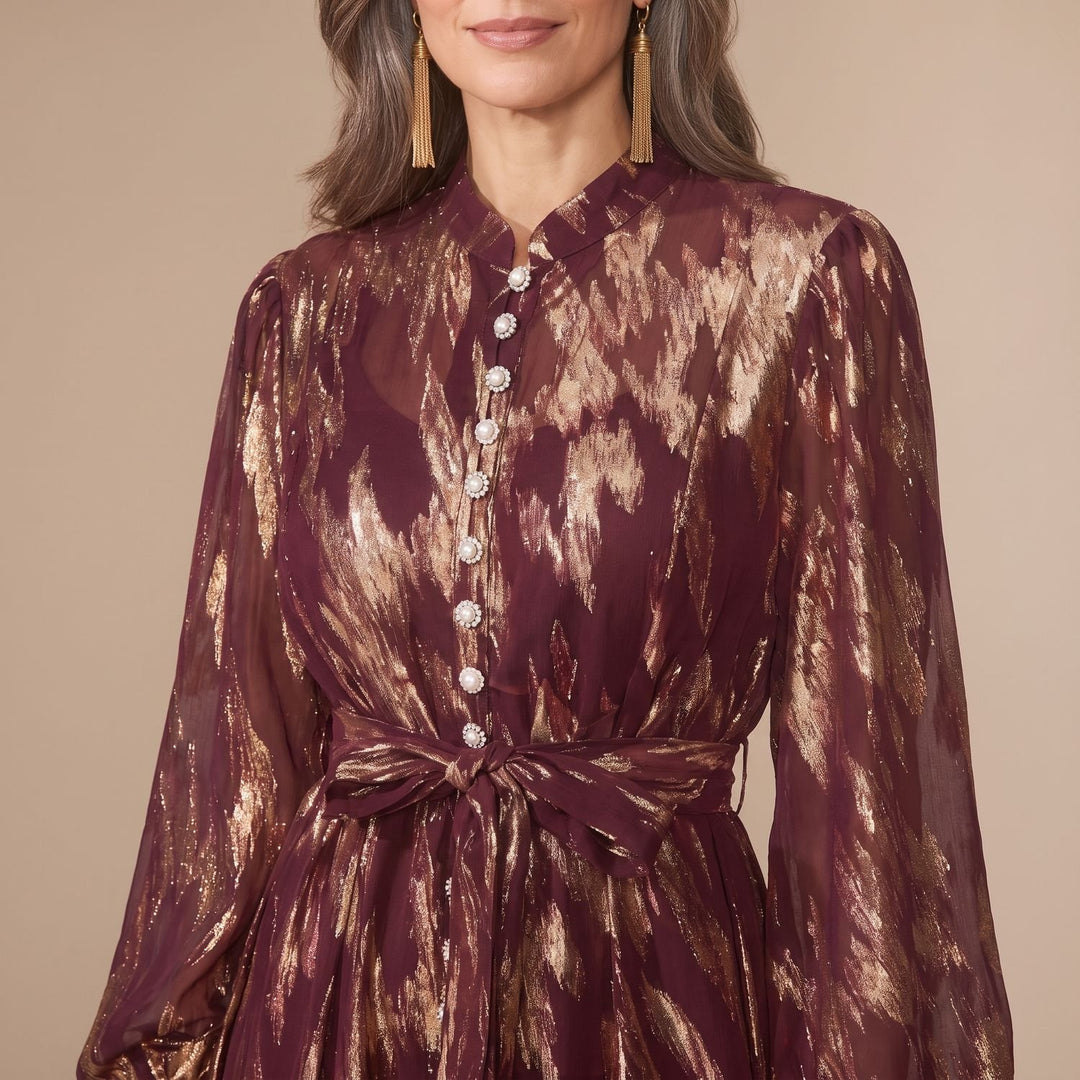 Women's Metallic Puff-Sleeve Button-Front Maxi Dress