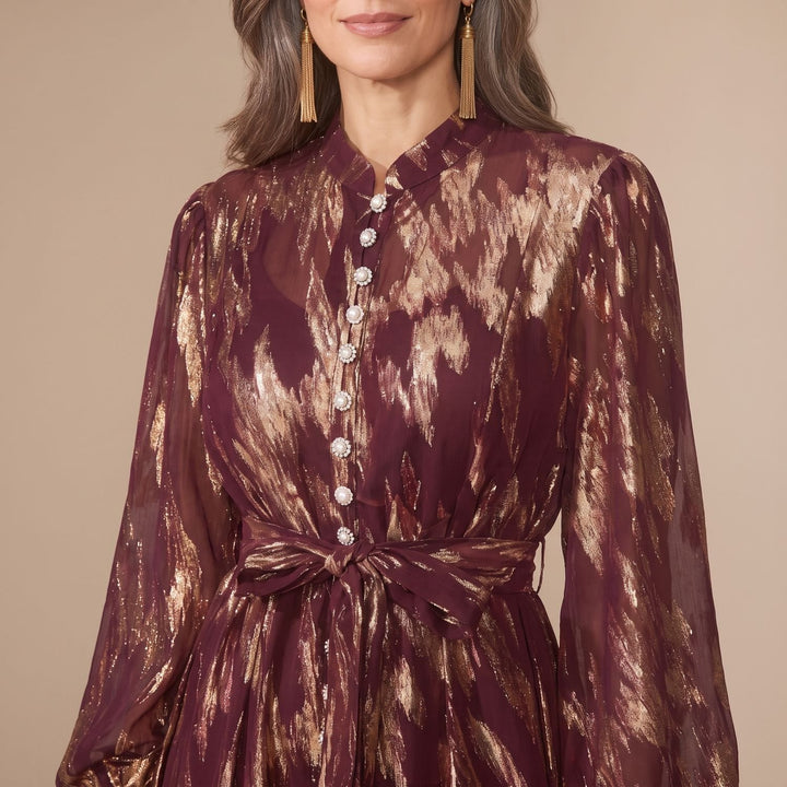 Women's Metallic Puff-Sleeve Button-Front Maxi Dress