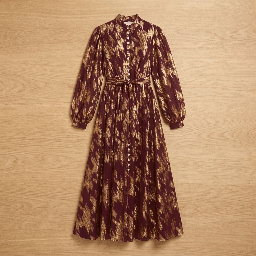 Women's Metallic Puff-Sleeve Button-Front Maxi Dress - Burgundy