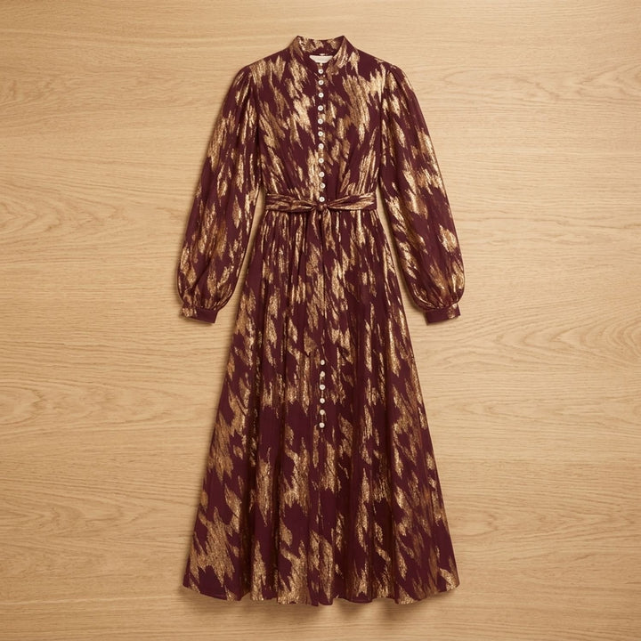 Women's Metallic Puff-Sleeve Button-Front Maxi Dress - Burgundy