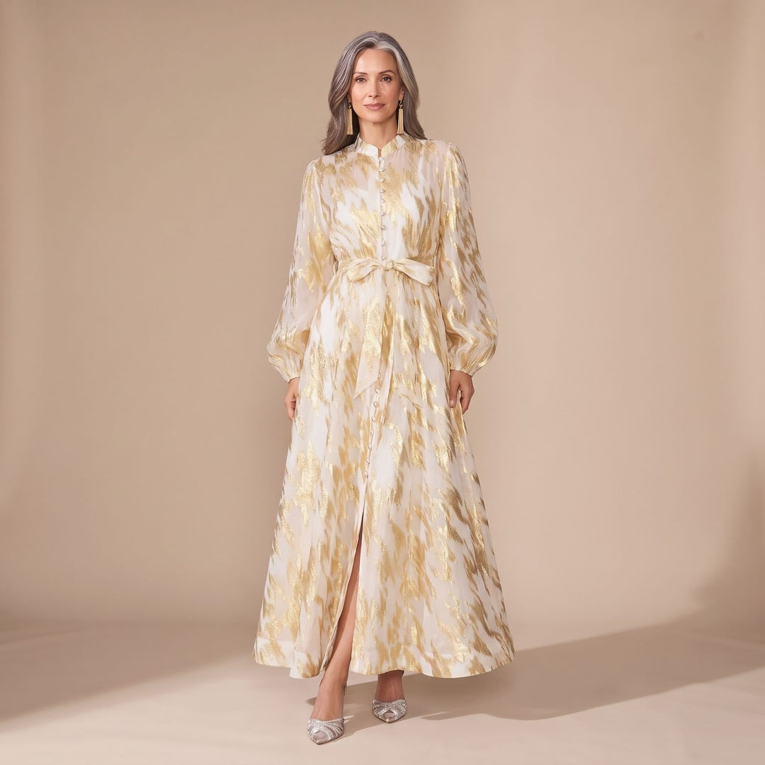 Women's Metallic Puff-Sleeve Button-Front Maxi Dress