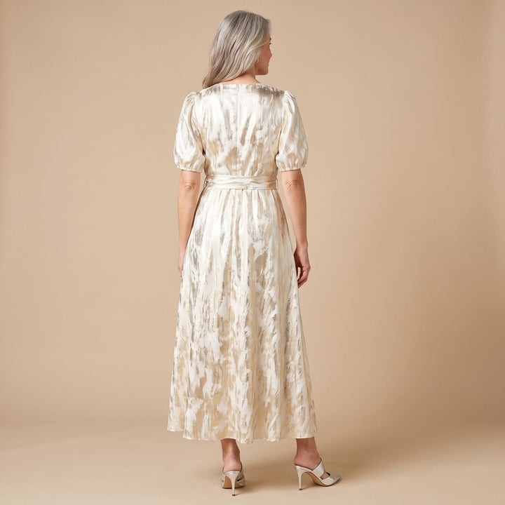 Women's Metallic Puff-Sleeve Button-Front Maxi Dress