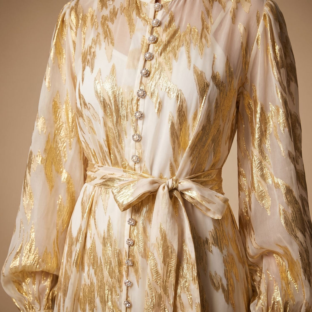 Women's Metallic Puff-Sleeve Button-Front Maxi Dress