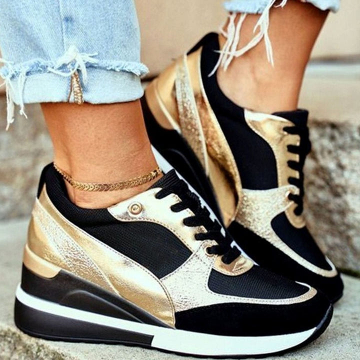 Women's Metallic Two-Tone Lace-Up Wedge Sneakers - Gold