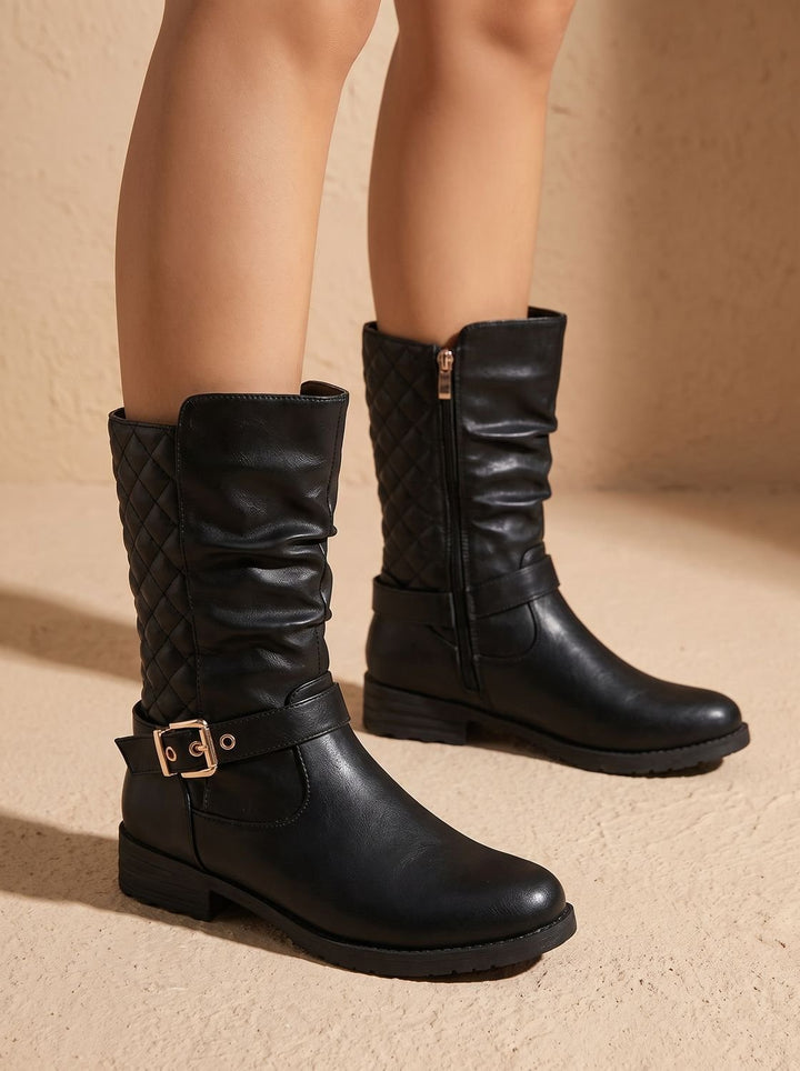 Women's Mid-Calf Slouch Boots Low Block Heel Gold Buckle