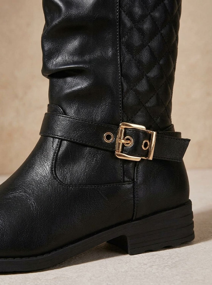 Women's Mid-Calf Slouch Boots Low Block Heel Gold Buckle