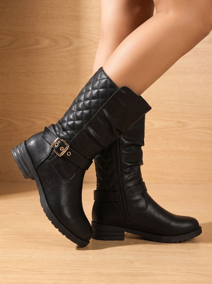 Women's Mid-Calf Slouch Boots Low Block Heel Gold Buckle