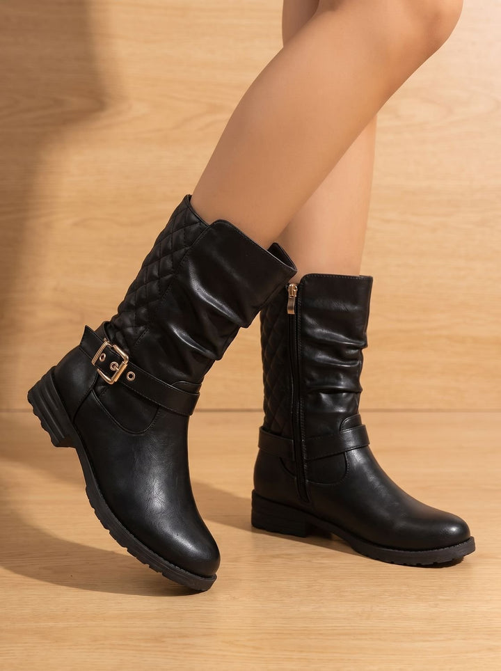 Women's Mid-Calf Slouch Boots Low Block Heel Gold Buckle
