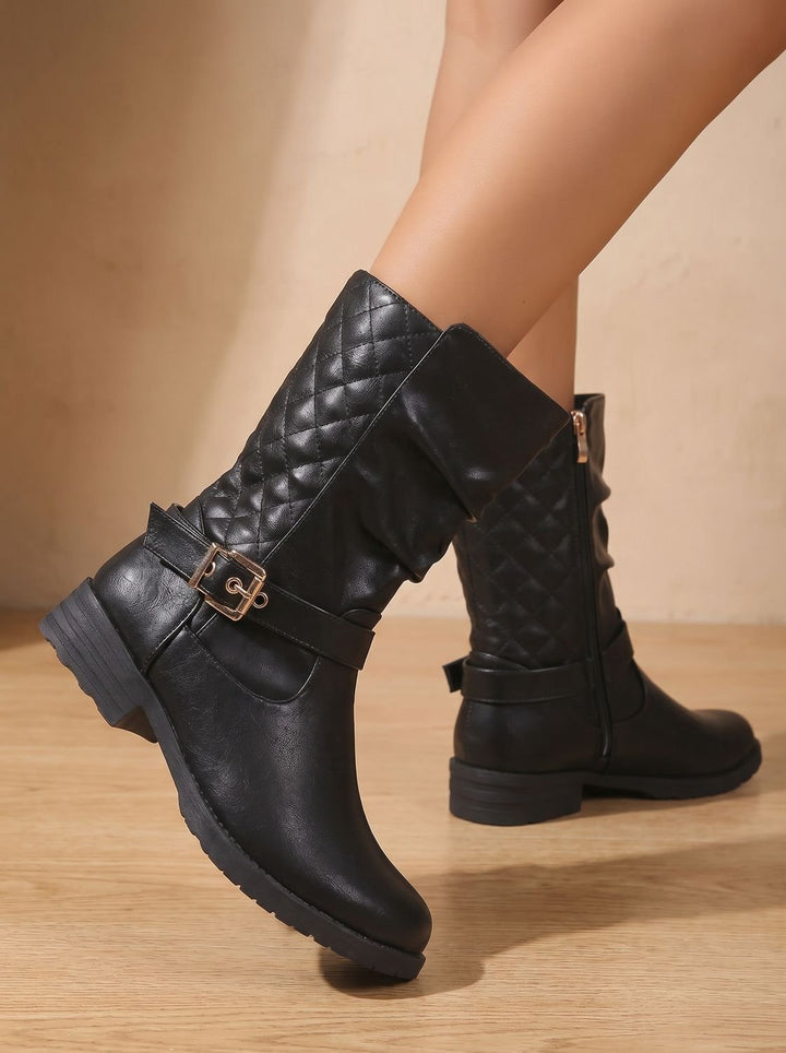 Women's Mid-Calf Slouch Boots Low Block Heel Gold Buckle