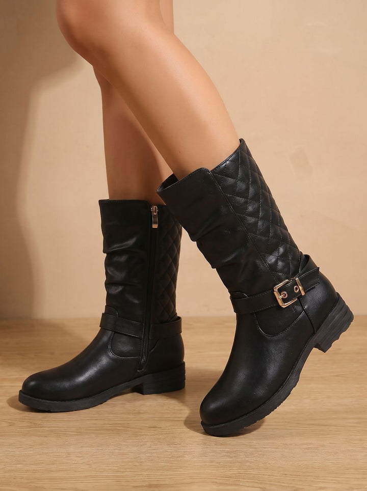 Women's Mid-Calf Slouch Boots Low Block Heel Gold Buckle