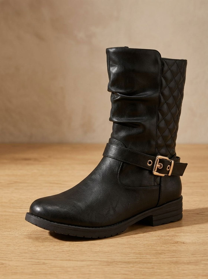 Women's Mid-Calf Slouch Boots Low Block Heel Gold Buckle