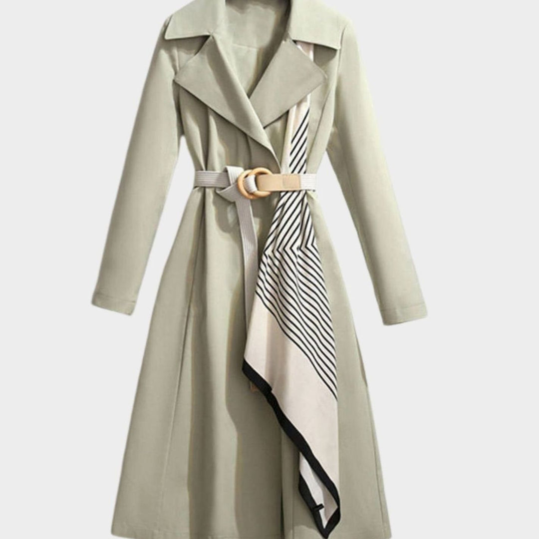 Women's Midi-Length Belted Trench Coat Notch Collar - Green