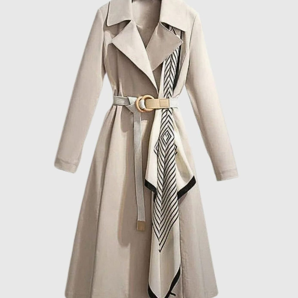 Women's Midi-Length Belted Trench Coat Notch Collar - Beige