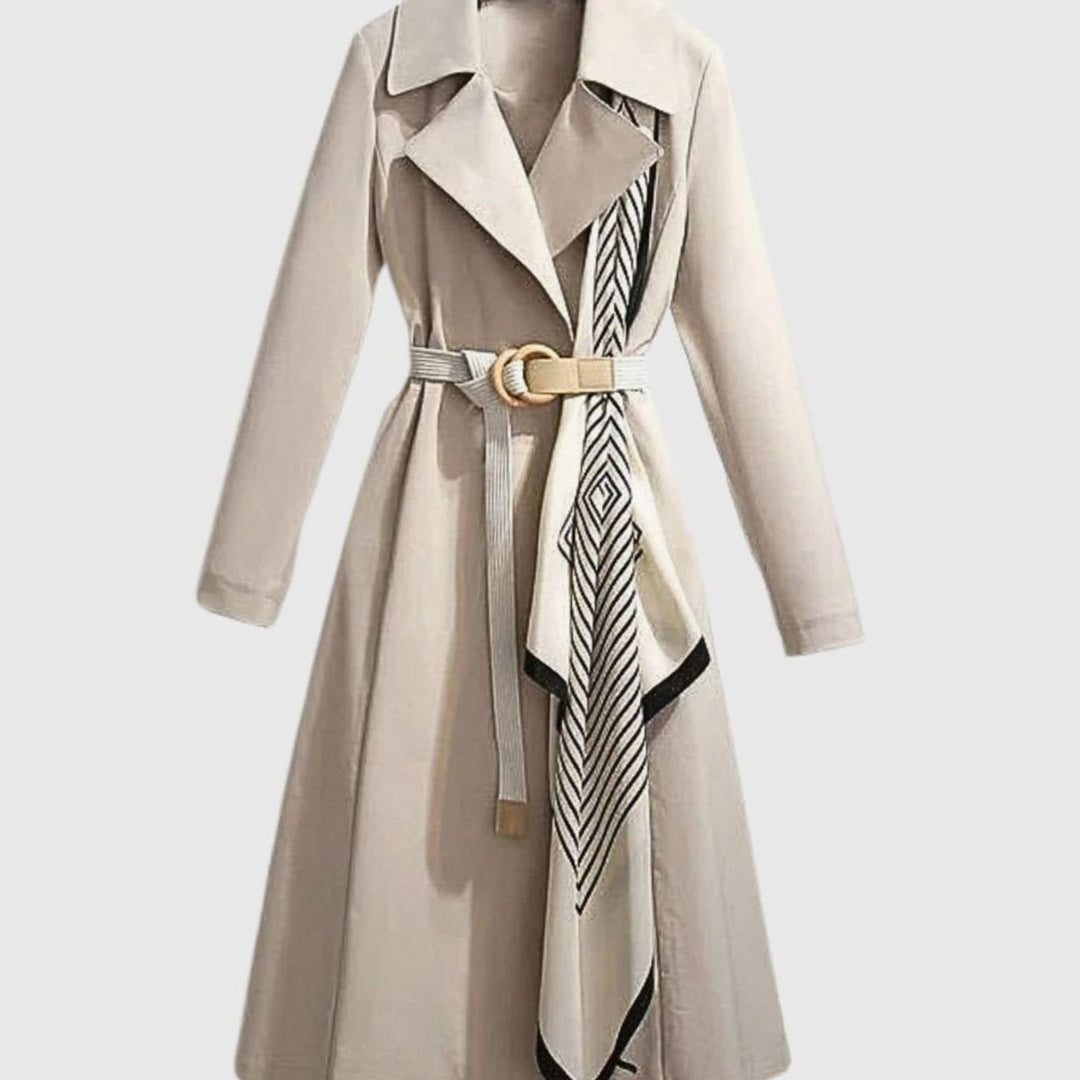 Women's Midi-Length Belted Trench Coat Notch Collar - Beige