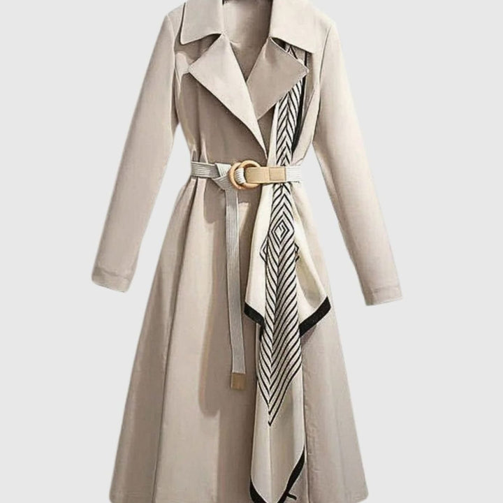 Women's Midi-Length Belted Trench Coat Notch Collar - Beige