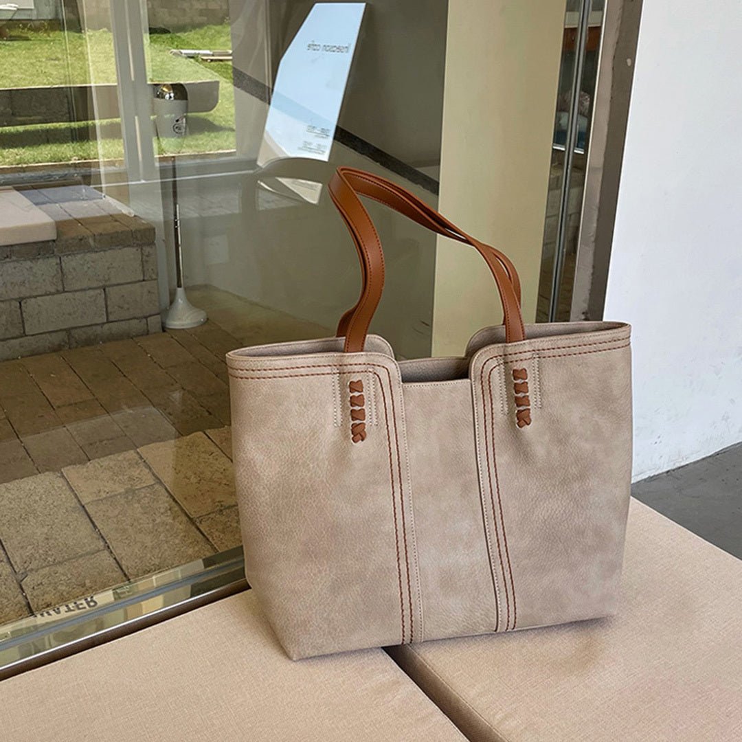 Women's Minimalist Vegan Leather Large Shoulder Tote Bag - Khaki
