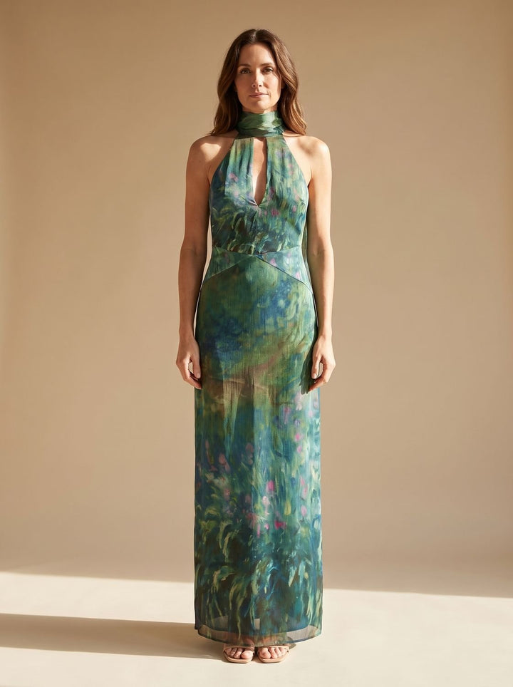 Women's Monet Iris Print Halter-Neck Chiffon Maxi Dress