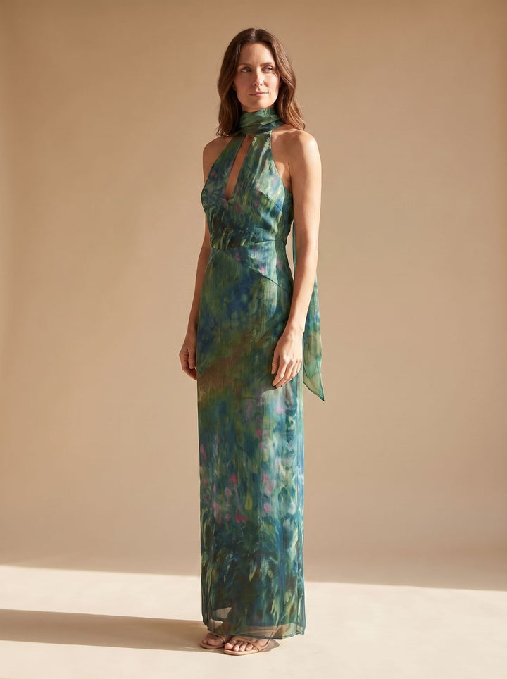 Women's Monet Iris Print Halter-Neck Chiffon Maxi Dress