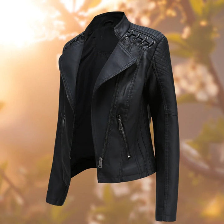 Women's Moto-Style Zip-Up Faux Leather Biker Jacket - Black