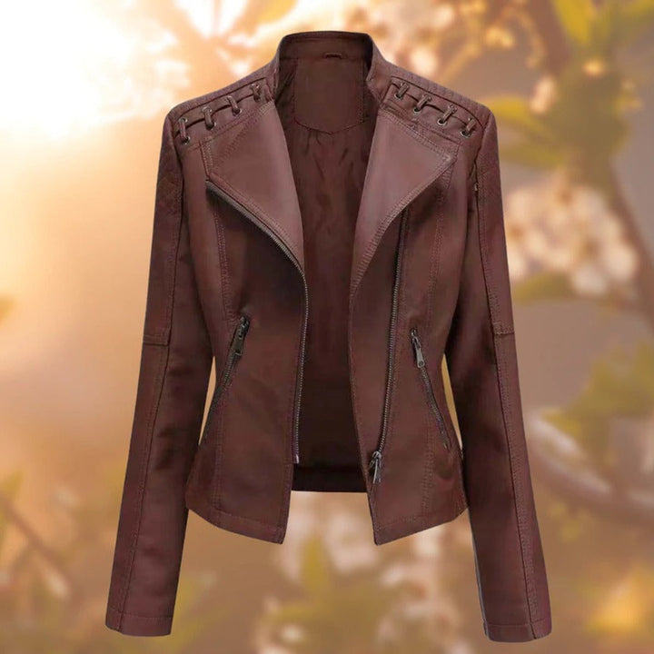 Women's Moto-Style Zip-Up Faux Leather Biker Jacket - Dark Brown