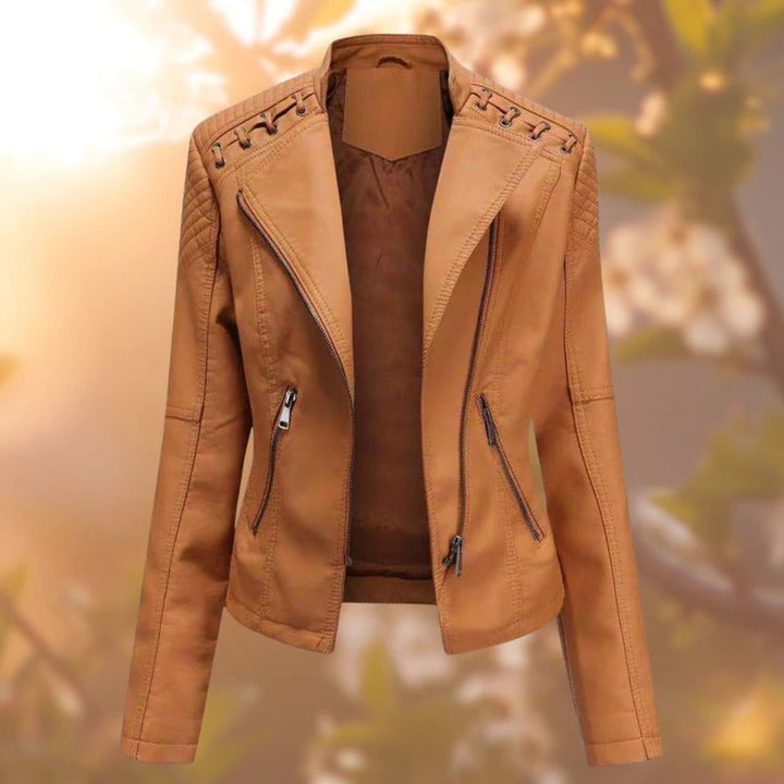 Women's Moto-Style Zip-Up Faux Leather Biker Jacket - Orange
