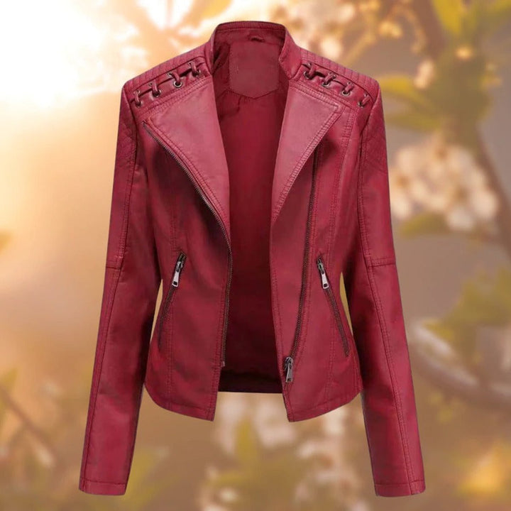 Women's Moto-Style Zip-Up Faux Leather Biker Jacket - Dark Red