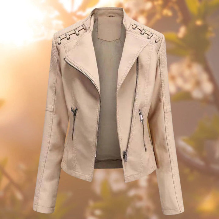Women's Moto-Style Zip-Up Faux Leather Biker Jacket - Khaki