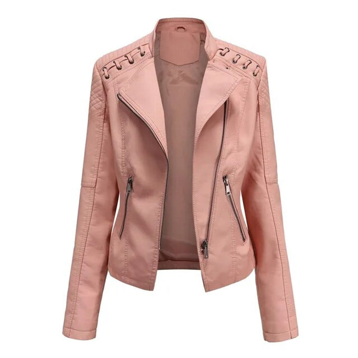 Women's Moto-Style Zip-Up Faux Leather Biker Jacket - Pink