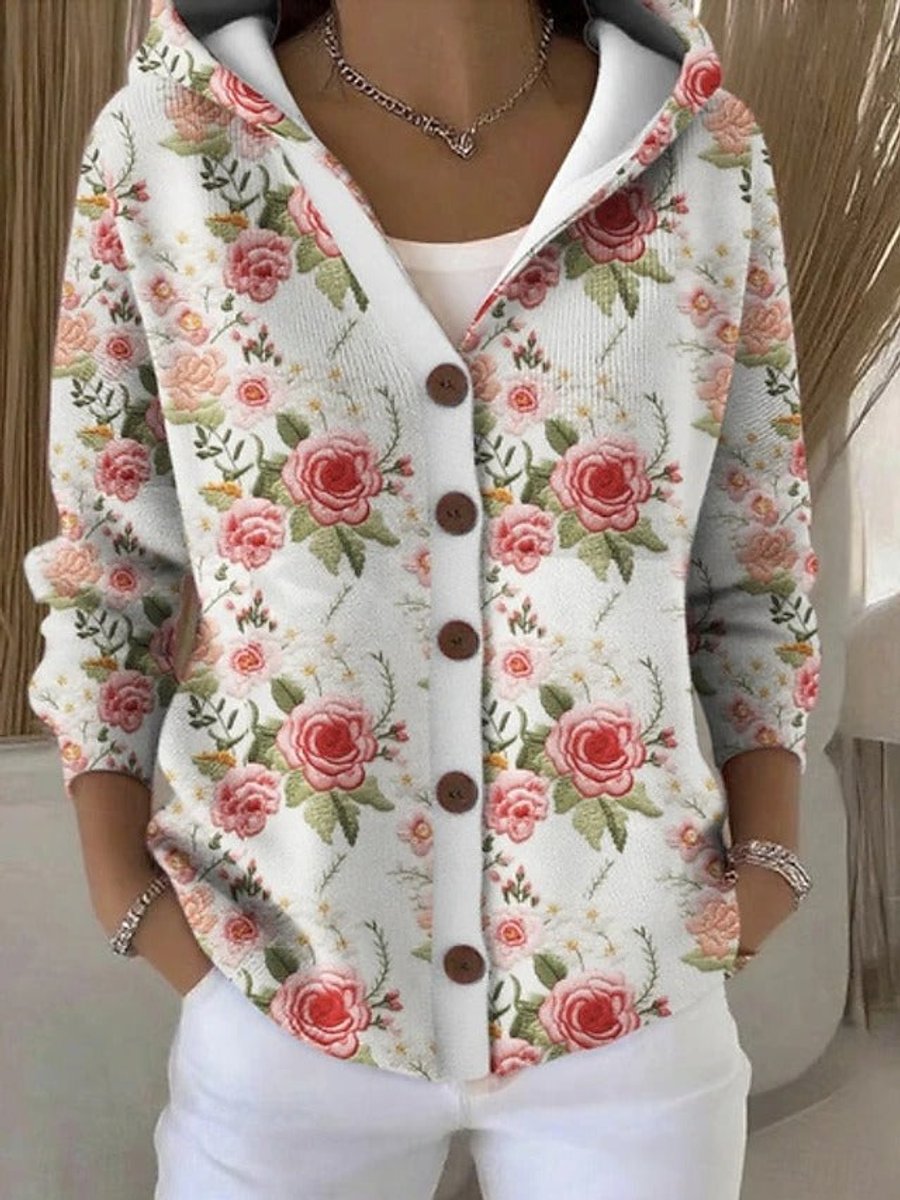 Women's Multicolor Patchwork Button-Front Hooded Cardigan Sweater - Floral White