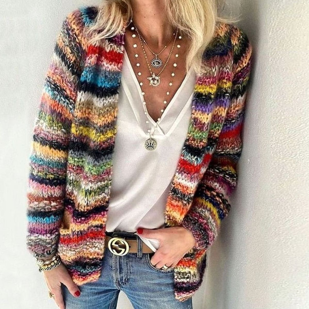 Women's Multicolor Striped Open-Front Knit Cardigan Sweater - Red