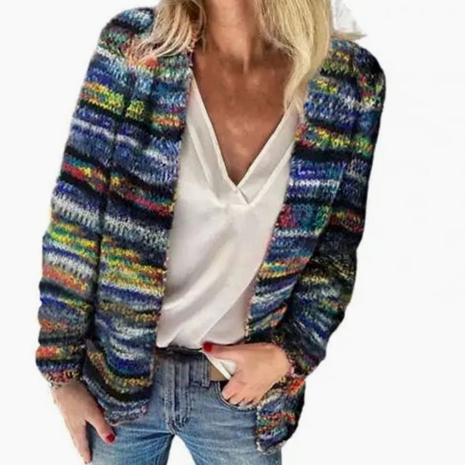 Women's Multicolor Striped Open-Front Knit Cardigan Sweater - Blue