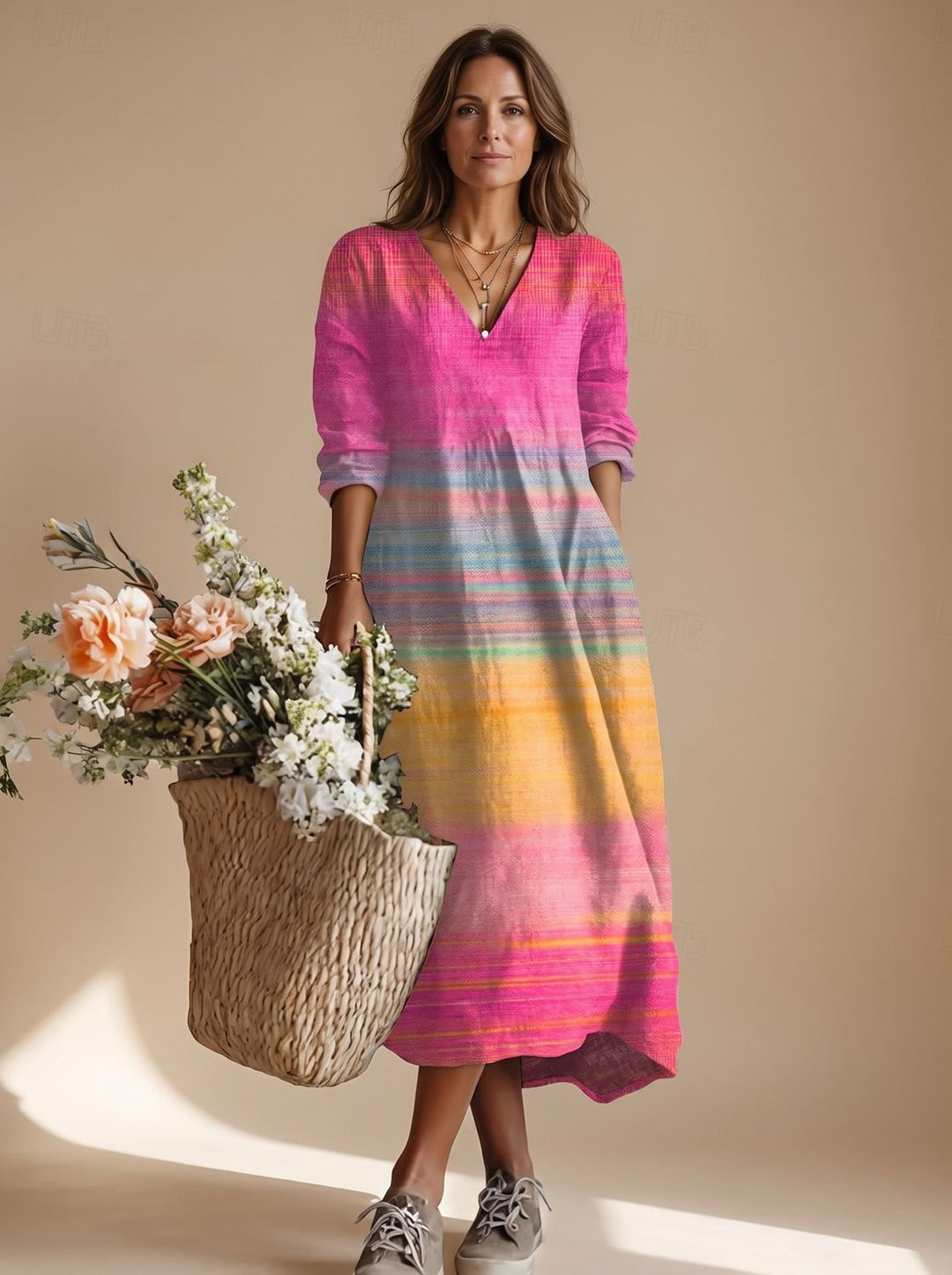 Women's Multicolor Striped V-Neck Long Sleeve Fall Dress - Multicolor