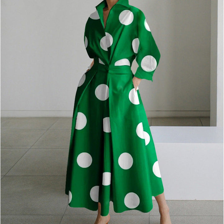 Women's Newspaper Print Collared Wrap Maxi Dress - Green Polka