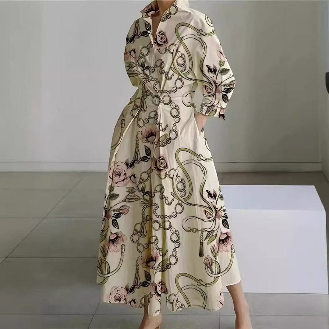 Women's Newspaper Print Collared Wrap Maxi Dress - Gold Chain