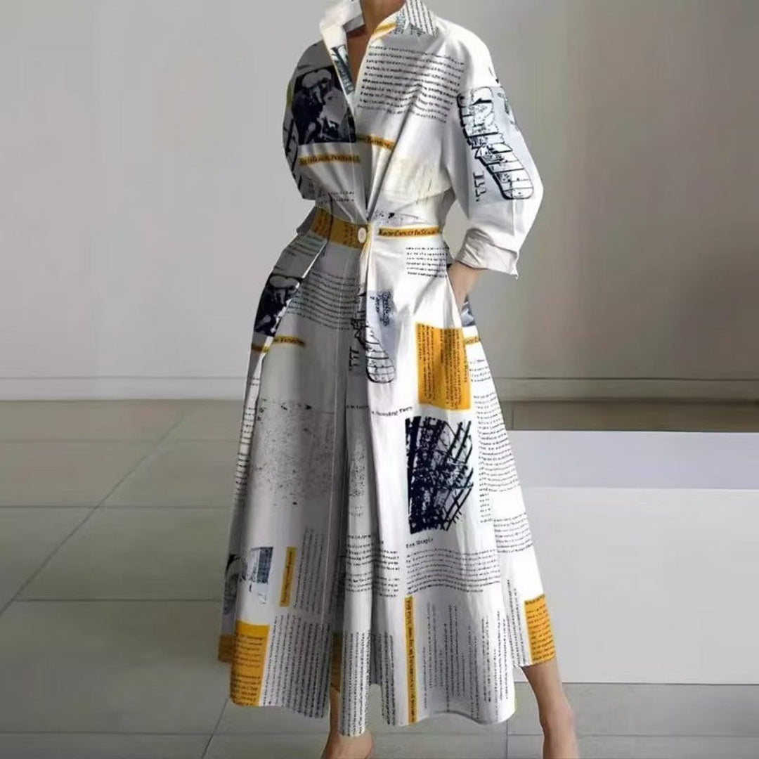 Women's Newspaper Print Collared Wrap Maxi Dress - Yellow Newspaper