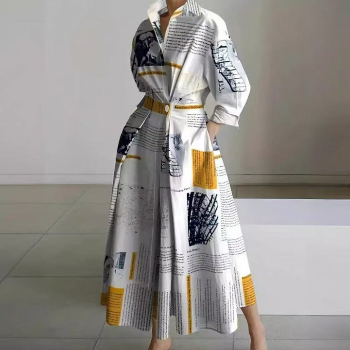 Women's Newspaper Print Collared Wrap Maxi Dress - Yellow Newspaper