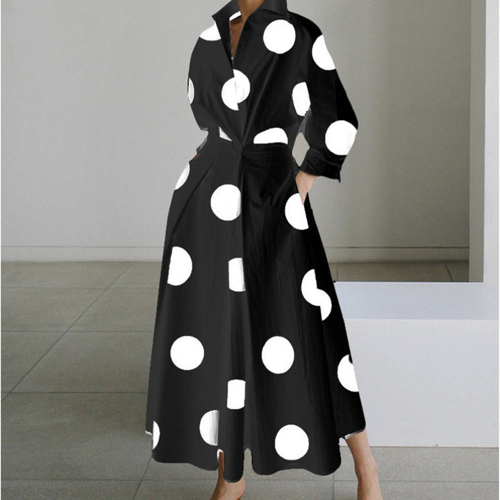 Women's Newspaper Print Collared Wrap Maxi Dress - Black Polka