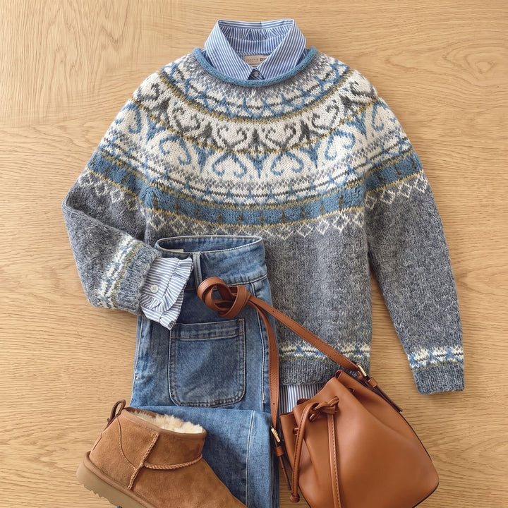 Women's Nordic Fair Isle Chunky Knit Pullover Sweater - Grey