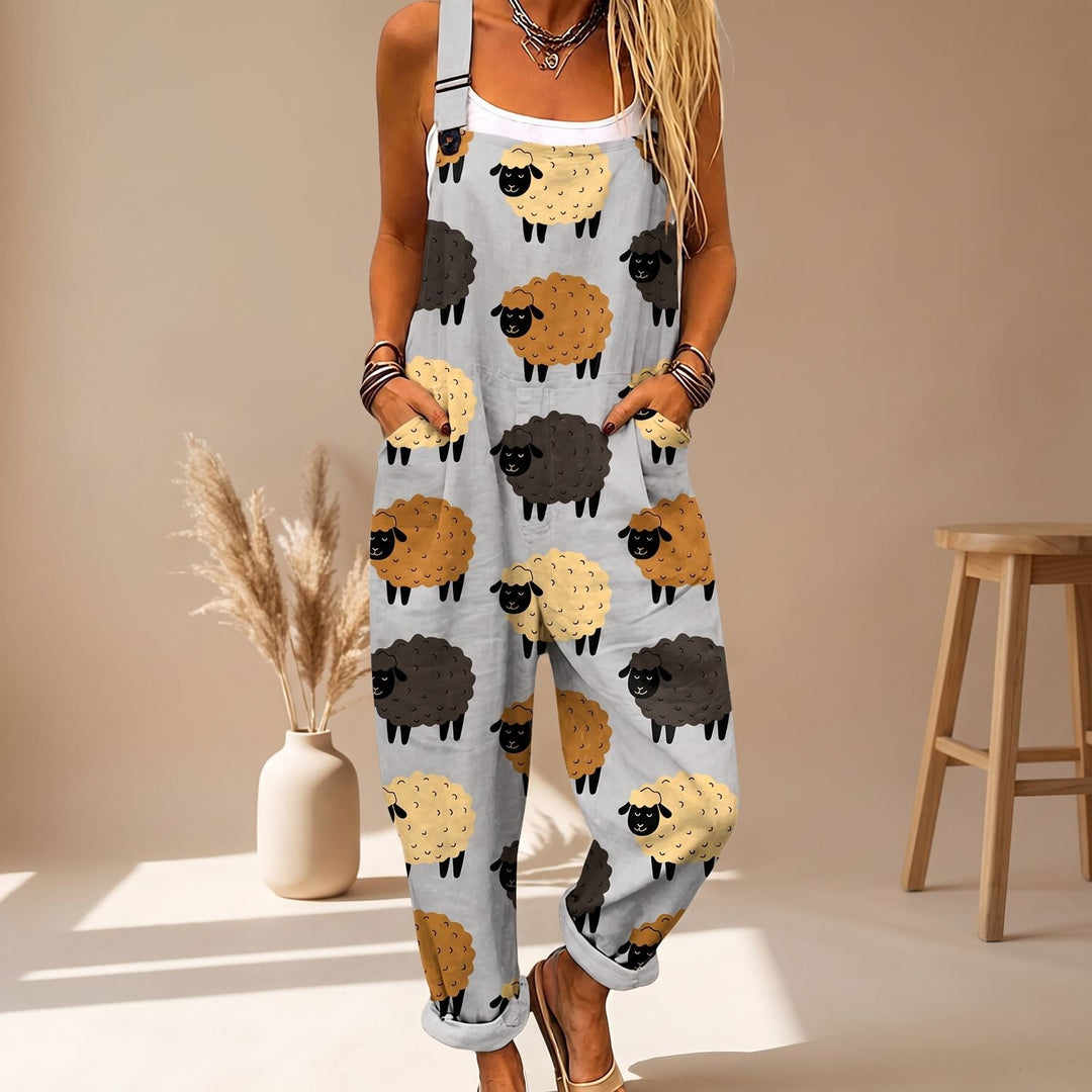 Women's Novelty Sheep Print Sleeveless Bib Overall Jumpsuit