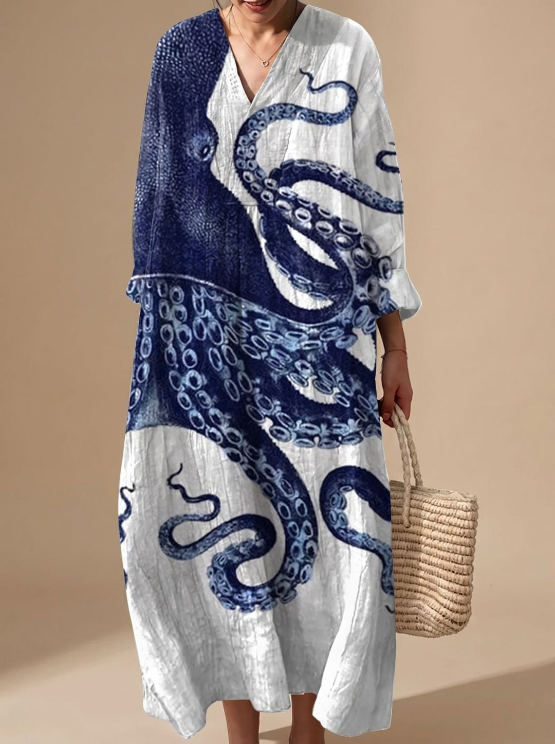 Women's Octopus Art Print Long-Sleeve Fall Dress - Multicolor