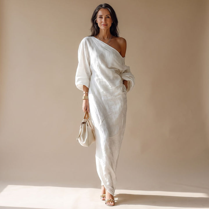 Women's Off-Shoulder Draped Column Maxi Dress - White